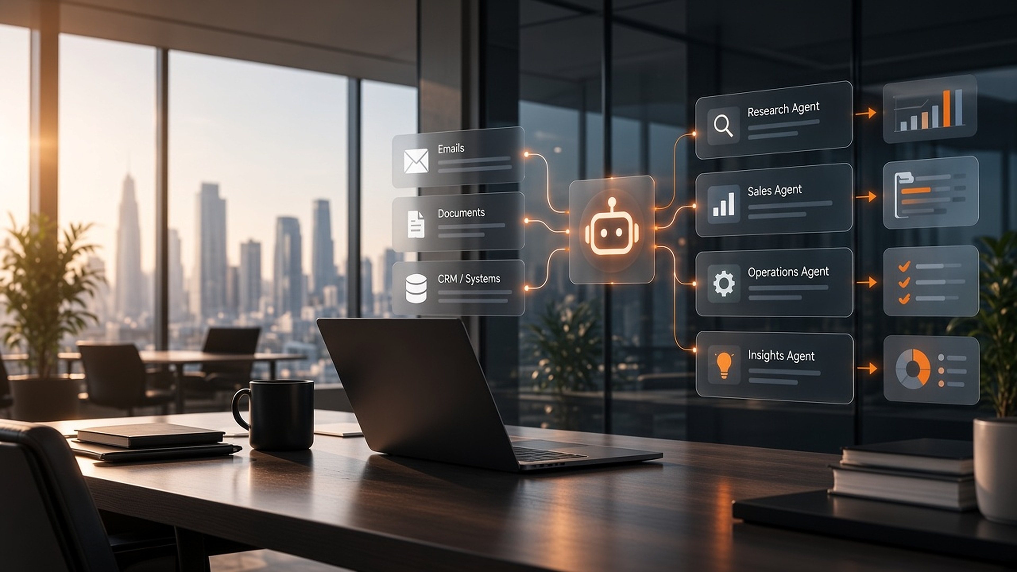 AI agents connecting email, documents, and CRM to research, sales, operations, and insights