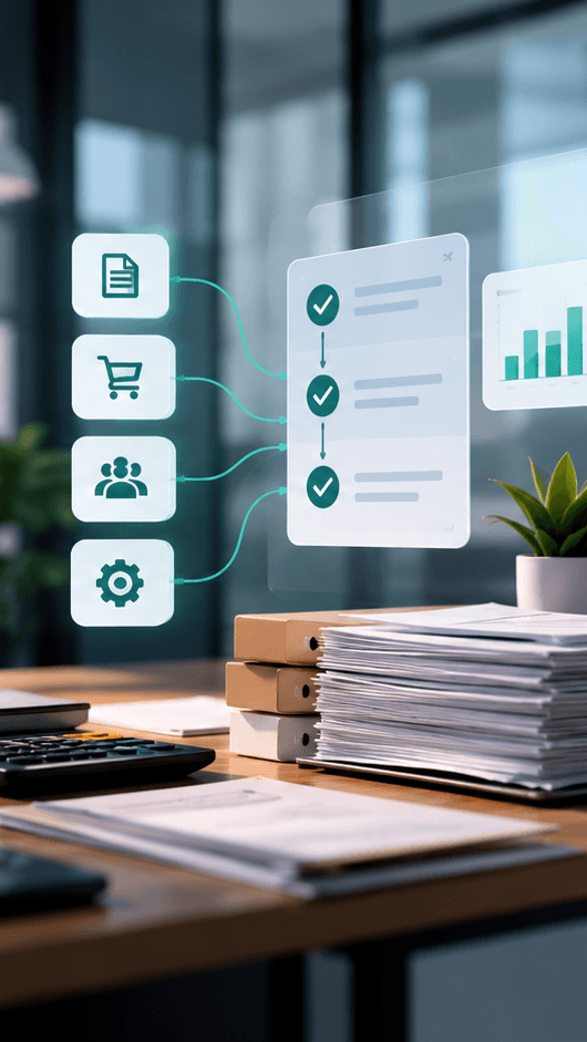 Operations desk with a workflow checklist, with icons for documents, purchasing, people, and settings