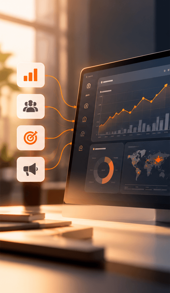 Laptop showing marketing charts, with icons for analytics, customers, targeting, and campaigns