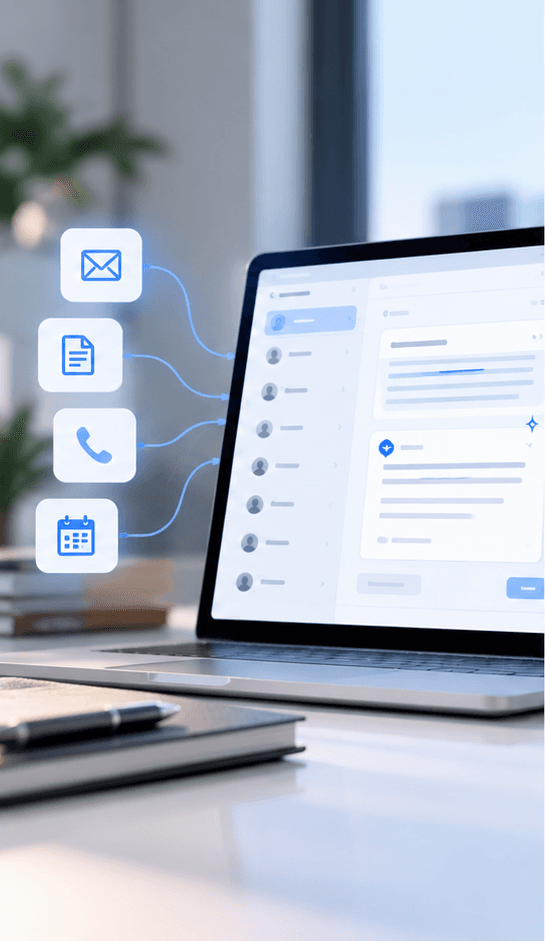 Laptop showing a sales workspace, with icons for email, documents, calls, and calendar